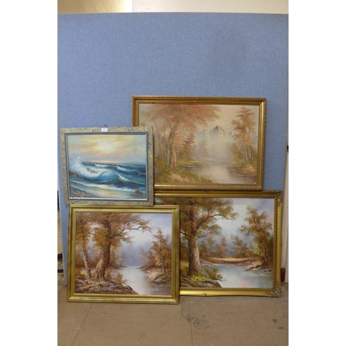 338 - Four assorted landscapes, oil on canvas and board, framed