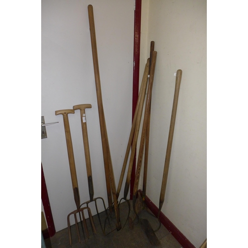 373 - Vintage gardening tools, including hoes, pitchforks, etc.