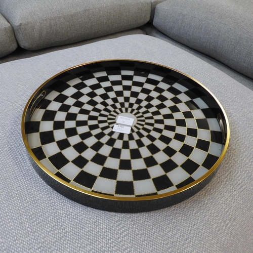 1360 - A large circular black and white chequers design tray, 44cms