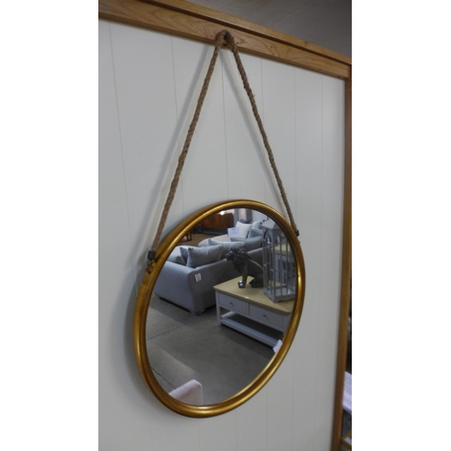 1424 - A large round gold metal mirror on a hanging rope with Hook H58cms  (JRG1116)          #