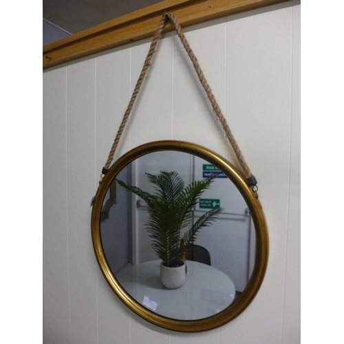 1448 - A medium round gold metal mirror on a hanging rope with Hook H46cms (JRG1211)         #