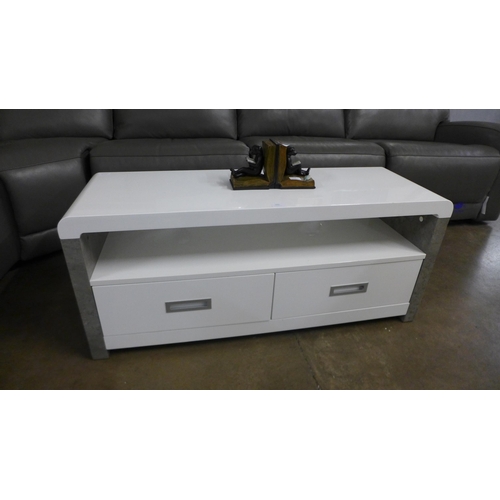 1456 - A modern designer white two drawer TV stand (slightly marked)