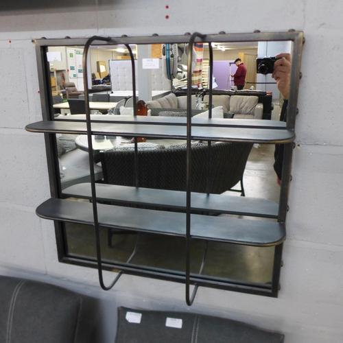 1478 - An antiqued black industrial wall mirror with shelves (JCS1458)      #