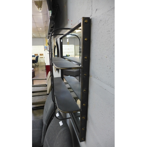 1478 - An antiqued black industrial wall mirror with shelves (JCS1458)      #