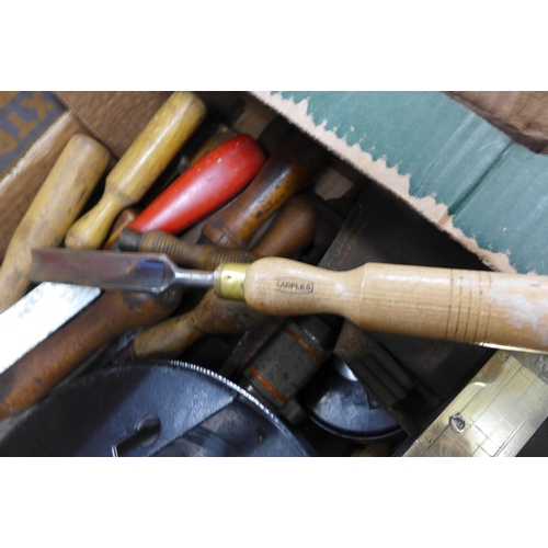 2007 - Box of vintage woodworking tools, inc. chisels, planes, drill, etc.