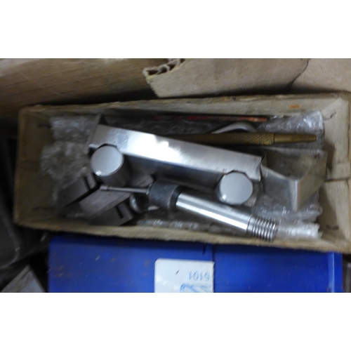 2015 - Box of assorted engineering tools inc. clamps, level, micrometer, drill bits, etc.