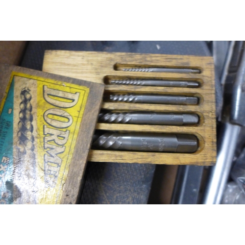 2016 - Box of assorted tools inc. spanners , dormer screw extractors, sockets, etc.