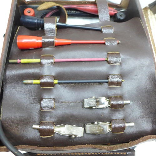 2045 - Vintage leather Ministry of Defence electrician's bag with toolkit and original multimeter