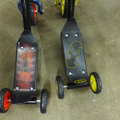 2067 - 2 Push scooters; one Batman & one Spiderman