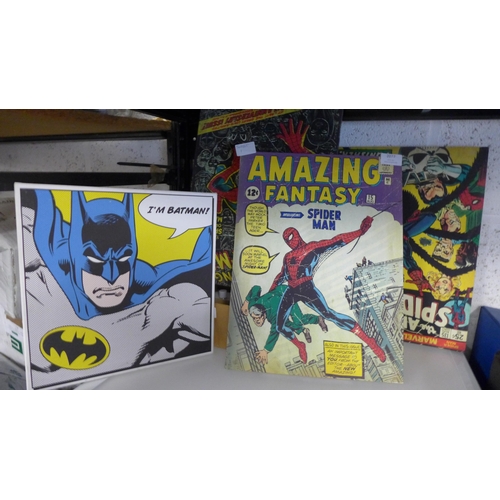 2077 - 3 Marvel/Spiderman canvas prints & 1 DC Comics canvas print, approx. size: 15 x 10