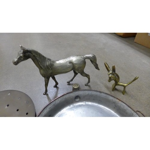 1229 - Metalwares including a brass model of a horse, a tray and a tankard, etc.  **PLEASE NOTE THIS LOT IS... 