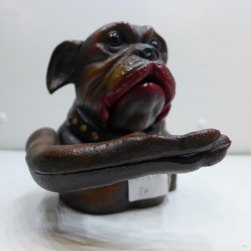 2111 - Cast metal bulldog moneybox *pull arm to open mouth for coin. This lot is subject to VAT