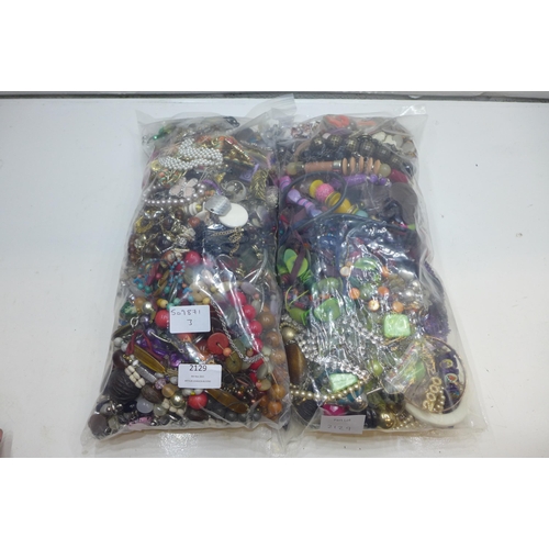 2129 - 2 Bags of costume jewellery