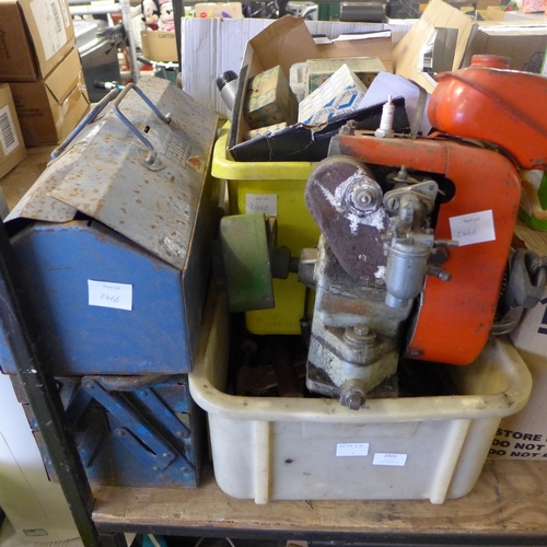 2466 - 2 Metal tool boxes, yellow tub of misc. cans, box of nails & screws, tub of various hand tools & a r... 