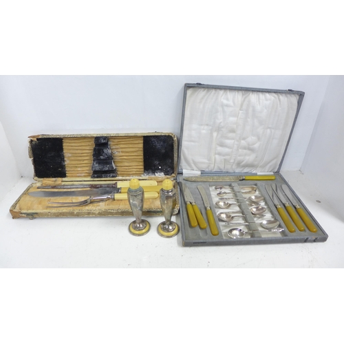 1176 - A set of silver plated cutlery and a knife, boxed. a pair of silver plated and Bakelite salt and pep... 