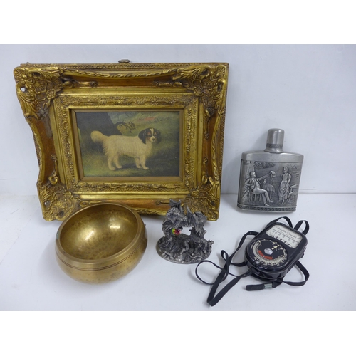 1184 - A picture, hip flask, light meter, a figure and a brass pot  **PLEASE NOTE THIS LOT IS NOT ELIGIBLE ... 