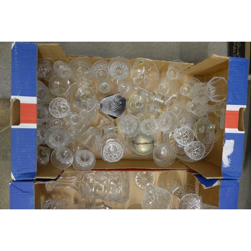 1194 - Three boxes of glassware including five crystal decanters, two glass pudding sets, six etched glass ... 