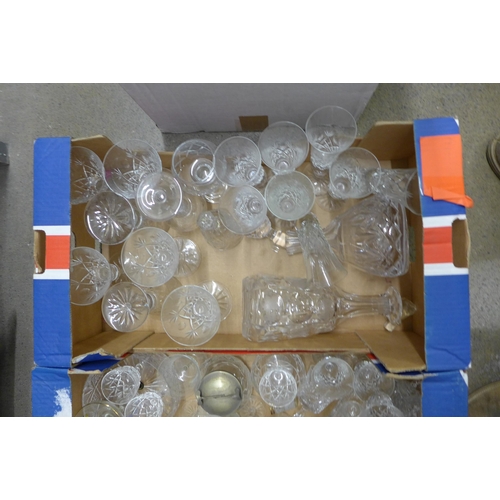 1194 - Three boxes of glassware including five crystal decanters, two glass pudding sets, six etched glass ... 