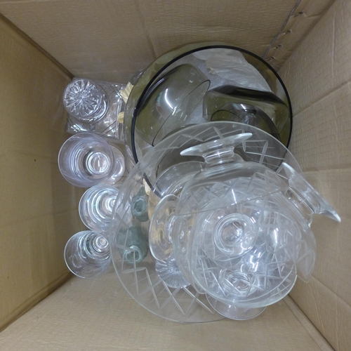 1194 - Three boxes of glassware including five crystal decanters, two glass pudding sets, six etched glass ... 