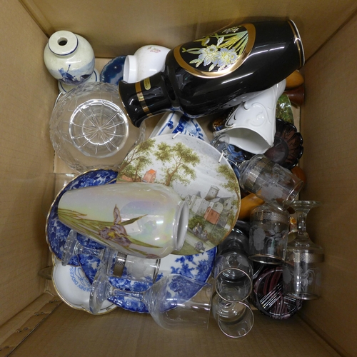 1195 - Three boxes of assorted china including two tea sets (one Japanese), a lustre vase with an iris desi... 