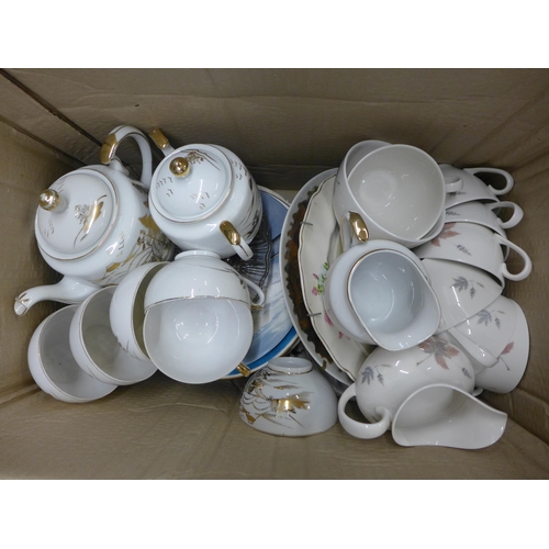 1195 - Three boxes of assorted china including two tea sets (one Japanese), a lustre vase with an iris desi... 