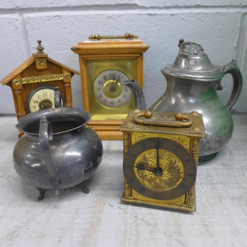 1208 - A Smiths brass mantel timepiece, two clocks, a pewter teapot and sugar basin  **PLEASE NOTE THIS LOT... 