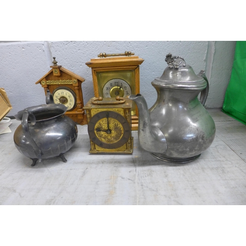 1208 - A Smiths brass mantel timepiece, two clocks, a pewter teapot and sugar basin  **PLEASE NOTE THIS LOT... 