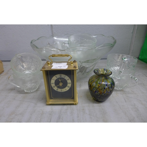 1209 - A pressed glass punch bowl with twelve glasses, a quartz clock and a Murano glass vase  **PLEASE NOT... 