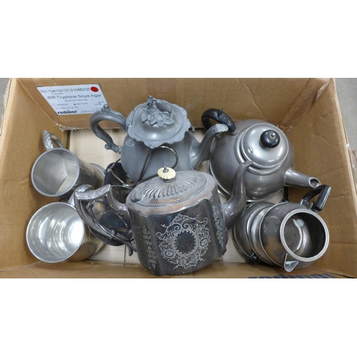 1218 - A collection of pewter and silver plated items including teapots and tankards  **PLEASE NOTE THIS LO... 