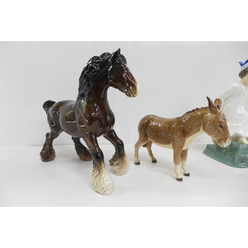 613 - A Beswick horse figure, a Royal Doulton figure and a Beswick donkey, donkey a/f (ear)