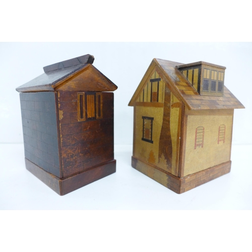 620 - Two early 20th Century novelty marquetry money boxes