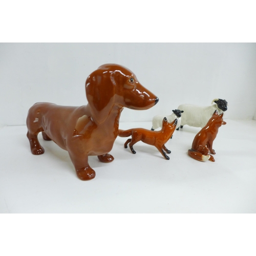 625 - Five Beswick animals, Dachshund, two foxes, a ram and a sheep