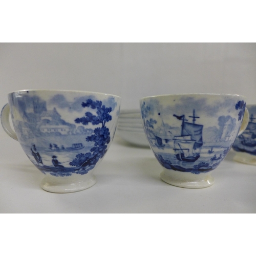 650 - Five Wedgwood cups with European coastal scenes plates and six Wedgwood saucers with Vesuvius scenes... 