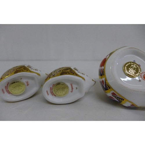 653 - Three Royal Crown Derby Hedgehog Paperweights - Strawberry Hedgehog with gold stopper and original b... 