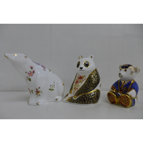 656 - Three Royal Crown Derby Bear Paperweights - Seated Panda Bear, Schoolboy Teddy Bear and Posies Polar... 