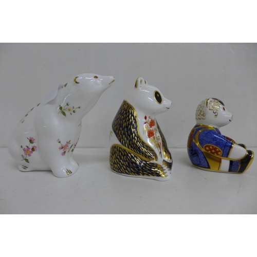 656 - Three Royal Crown Derby Bear Paperweights - Seated Panda Bear, Schoolboy Teddy Bear and Posies Polar... 