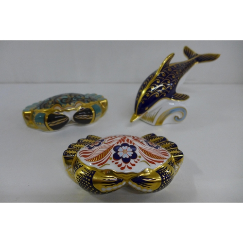 658 - Three Royal Crown Derby Paperweights - Cromer Crab, with gold stopper. Limited availability until 20... 