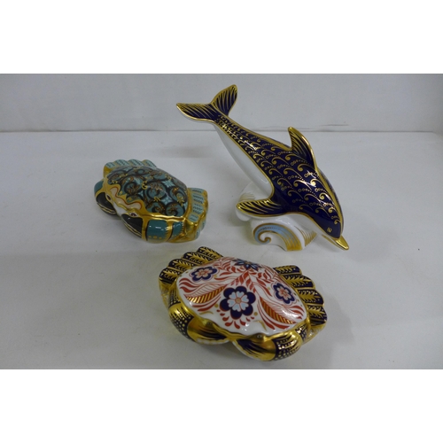 658 - Three Royal Crown Derby Paperweights - Cromer Crab, with gold stopper. Limited availability until 20... 