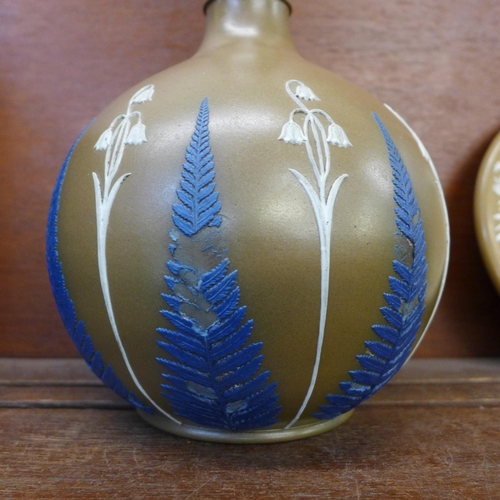 683 - A stoneware vase decorated with ferns and a plate, both a/f