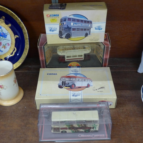 706 - Four Corgi model vehicles; AEC Regal, Guy Arab Utility Bus, Tramlines and Original Omnibus