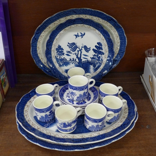 708 - A set of three oval Booths Real Old Willow pattern meat dishes, a plate circa 1912, a set of five Du... 