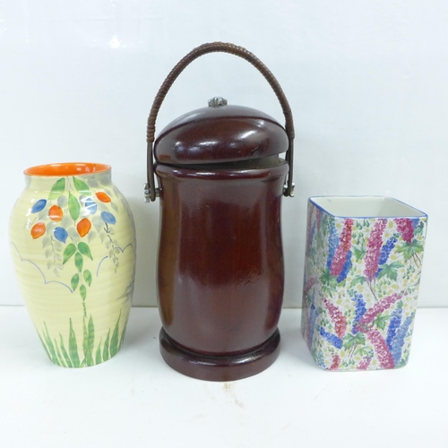 714 - A square Grimwades vase, an Art Deco vase and a 'Cadbury' cocoa container