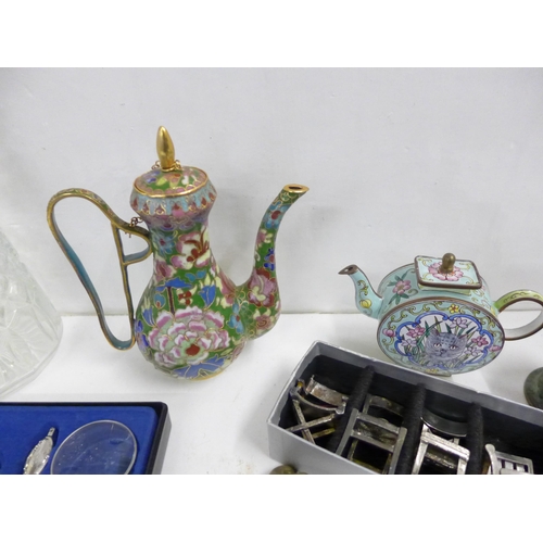 718 - A small cloisonné enamel coffee service, a small enamel teapot, an Art Nouveau style inkwell and pen... 