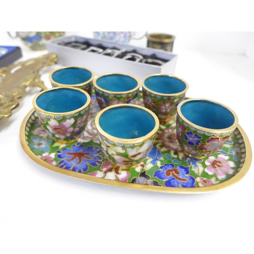 718 - A small cloisonné enamel coffee service, a small enamel teapot, an Art Nouveau style inkwell and pen... 