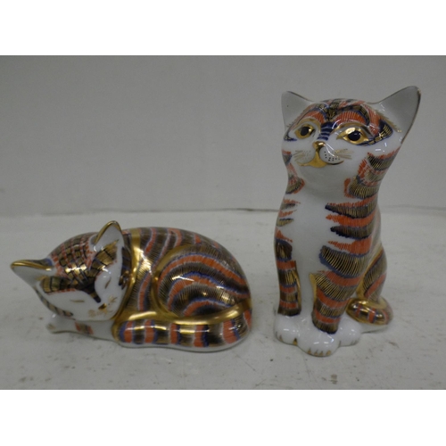 623 - Two Royal Crown Derby cat paperweights with silver stoppers