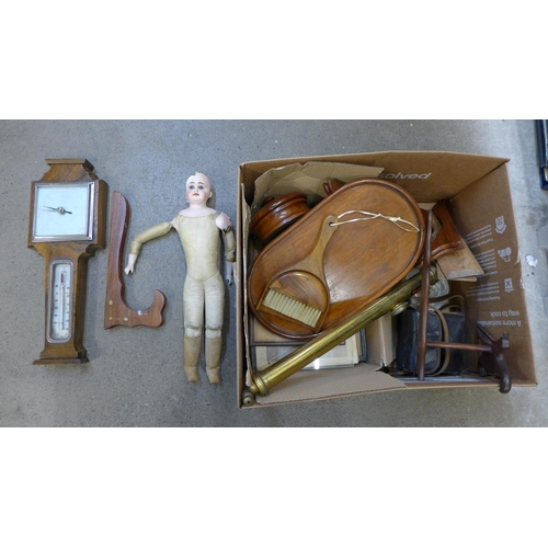 734 - A collection of treen, framed photographs, a camera, a military whistle, a Spraygen sprayer, a barom... 