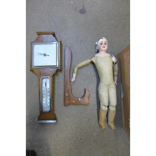 734 - A collection of treen, framed photographs, a camera, a military whistle, a Spraygen sprayer, a barom... 