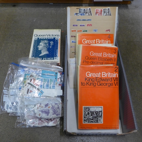 747 - Stamps; box of GB stamps (many high denomination decimal castles), covers, etc., and volumes 1-4 of ... 