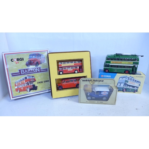 753 - A Corgi Barton 1908-1989 set, a Corgi Classics Nottingham bus and a Models of Yesteryear car, boxed