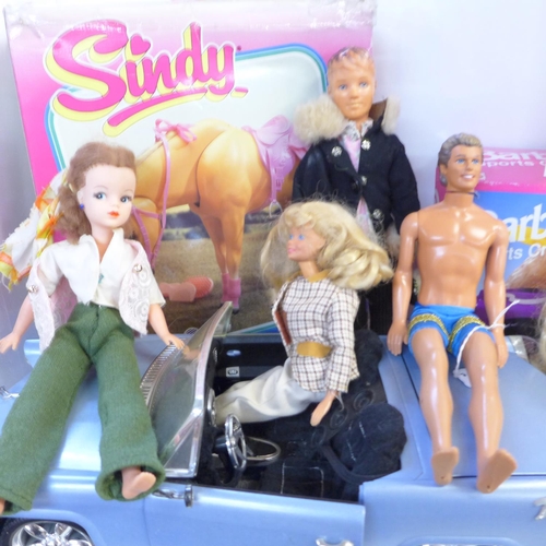782 - Two boxes of Barbie and Sindy dolls, furniture, vehicles, etc., some boxed